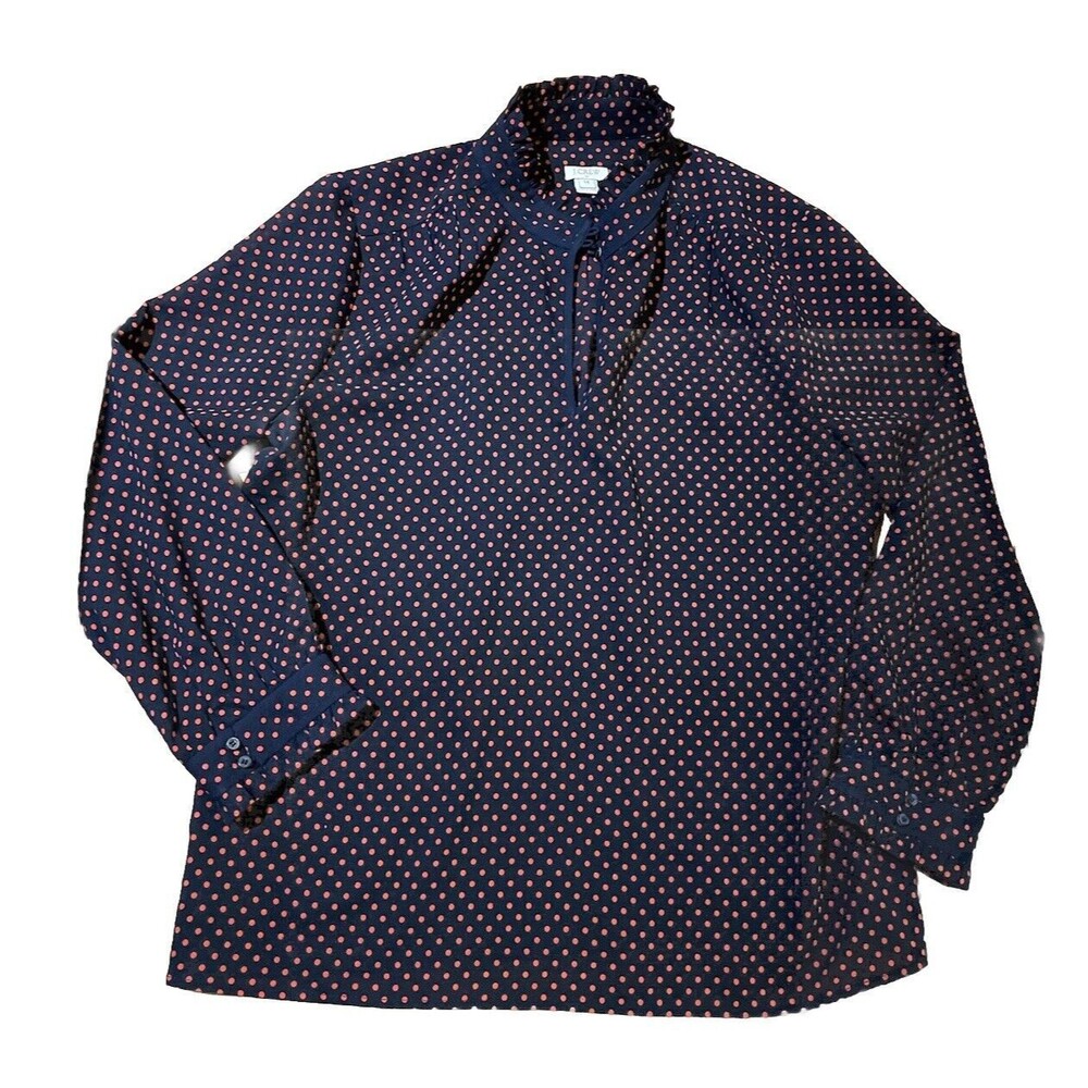 J Crew Women’s Key Hole Neck, Ruffle Trim, Blue Pink Polka Dot Blouse Sz 14